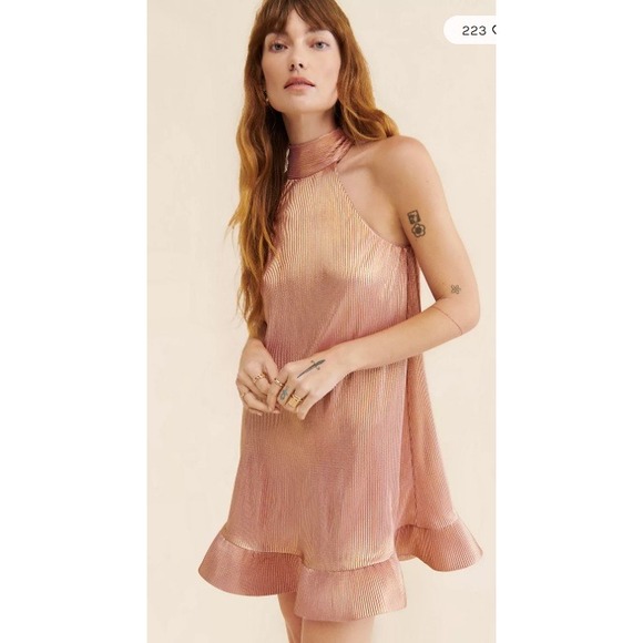 NWT SAYLOR Rose Gold Metallic Pleated Mini Dress Halter Neck Tie Back XS -  coffeafoods.com
